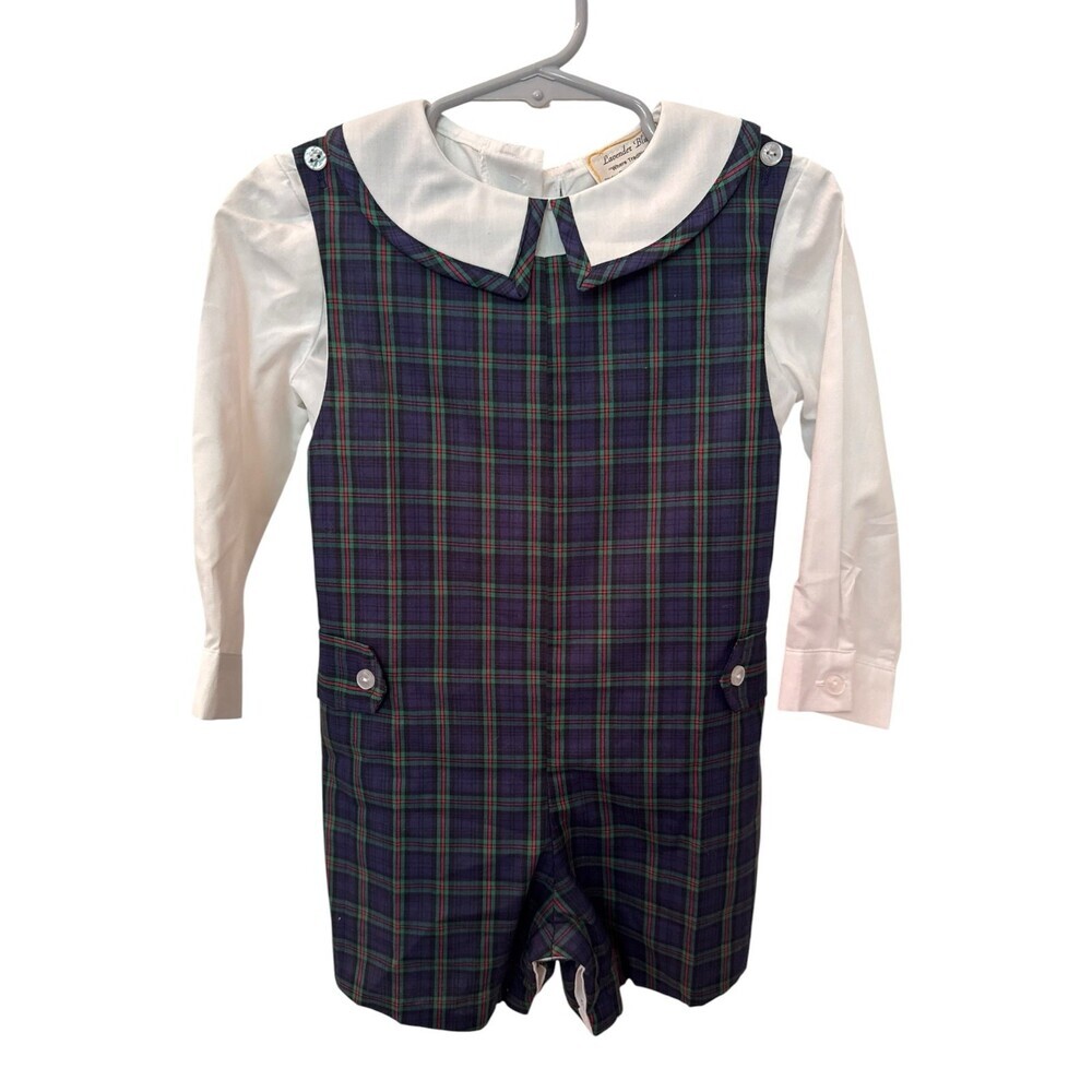 Vintage navy plaid Boys Lavender Blue Heirloom Short-all Romper Size 18 months